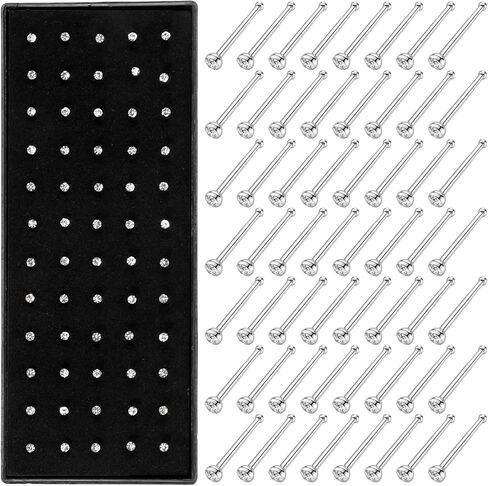 60Pcs Nose Rings Studs, Straight Stainless Steel Nose Studs for Women Men, Sparkly CZ Small Nose Rings Piercing Body Jewelry, 1.5mm Rhinestone and Ideal Gift in Kuwait