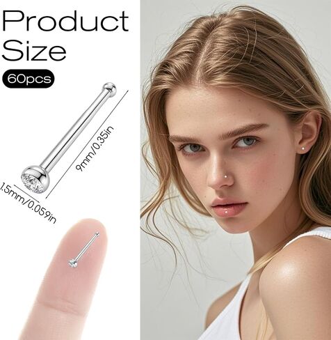 60Pcs Nose Rings Studs, Straight Stainless Steel Nose Studs for Women Men, Sparkly CZ Small Nose Rings Piercing Body Jewelry, 1.5mm Rhinestone and Ideal Gift in Kuwait