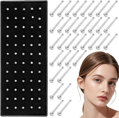 60Pcs Nose Rings Studs, Straight Stainless Steel Nose Studs for Women Men, Sparkly CZ Small Nose Rings Piercing Body Jewelry, 1.5mm Rhinestone and Ideal Gift in Kuwait