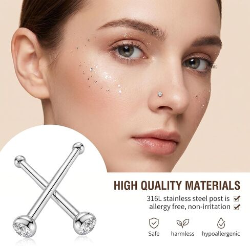 60Pcs Nose Rings Studs, Straight Stainless Steel Nose Studs for Women Men, Sparkly CZ Small Nose Rings Piercing Body Jewelry, 1.5mm Rhinestone and Ideal Gift in Kuwait
