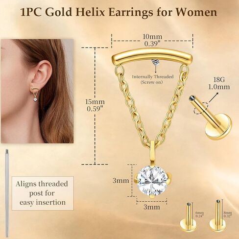 Limerencia 18G أقراط داخلية مسطحة من التيتانيوم للنساء، قطعة واحدة من مجوهرات ثقب اللولب المتدلية على شكل سلسلة، لا تسبب الحساسية 6 مم 8 مم ترصيع أقراط الغضروف لفص محارة الزنمة in Kuwait