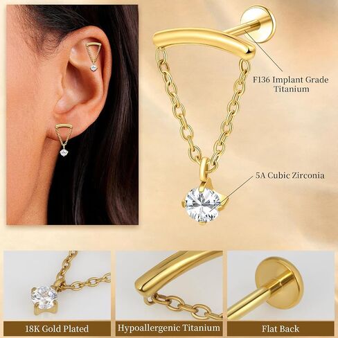 Limerencia 18G أقراط داخلية مسطحة من التيتانيوم للنساء، قطعة واحدة من مجوهرات ثقب اللولب المتدلية على شكل سلسلة، لا تسبب الحساسية 6 مم 8 مم ترصيع أقراط الغضروف لفص محارة الزنمة in Kuwait