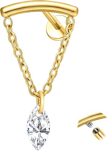 Limerencia 18G أقراط داخلية مسطحة من التيتانيوم للنساء، قطعة واحدة من مجوهرات ثقب اللولب المتدلية على شكل سلسلة، لا تسبب الحساسية 6 مم 8 مم ترصيع أقراط الغضروف لفص محارة الزنمة in Kuwait
