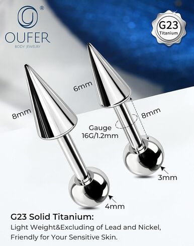 OUFER Titanium Vertical Helix Piercing Jewelry-16G 8MM Hidden Helix Jewelry, 2PCS Spike Vertical Labret Stud, Cartilage Rook Conch Earrings For Women Men in Kuwait
