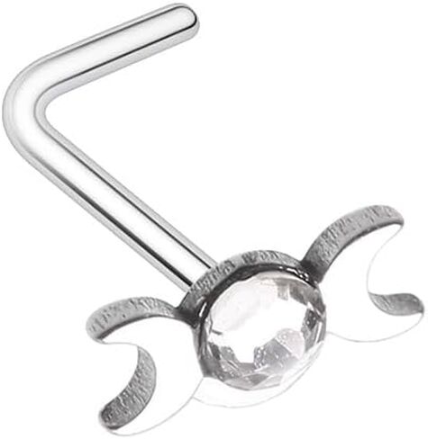 Pierced Owl 20GA 316L Stainless Steel CZ Crystal Double Crescent Moon L-Bend Nose Stud in Kuwait