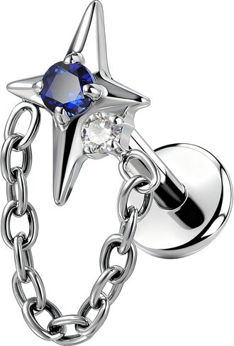 OUFER G23 Titanium Threadless Flat Back Stud with Chain, Blue CZ Star Cartilage Earring, 18G Helix Tragus Conch Dangle Piercing Jewelry for Sensitive Ears in Kuwait