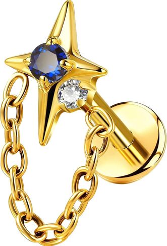 OUFER G23 Titanium Threadless Flat Back Stud with Chain, Blue CZ Star Cartilage Earring, 18G Helix Tragus Conch Dangle Piercing Jewelry for Sensitive Ears in Kuwait