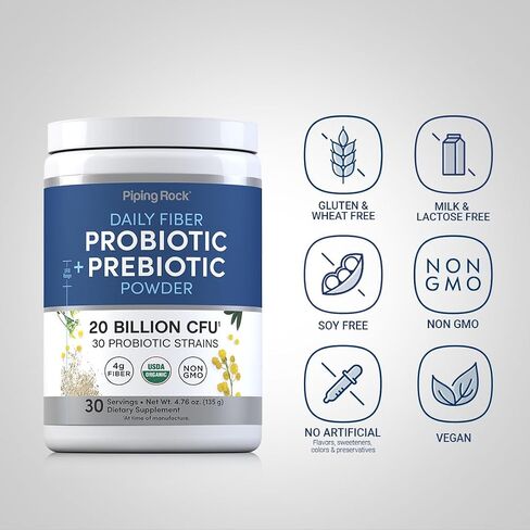 Piping Rock Probiotic and Prebiotic Powder | 20 Billion CFU | 4.76 oz | Organic Fiber Blend | for Women and Men | Vegan, Non-GMO, Gluten Free Supplement in Kuwait