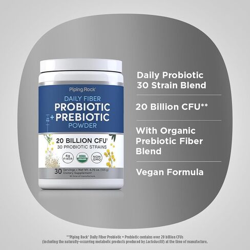 Piping Rock Probiotic and Prebiotic Powder | 20 Billion CFU | 4.76 oz | Organic Fiber Blend | for Women and Men | Vegan, Non-GMO, Gluten Free Supplement in Kuwait