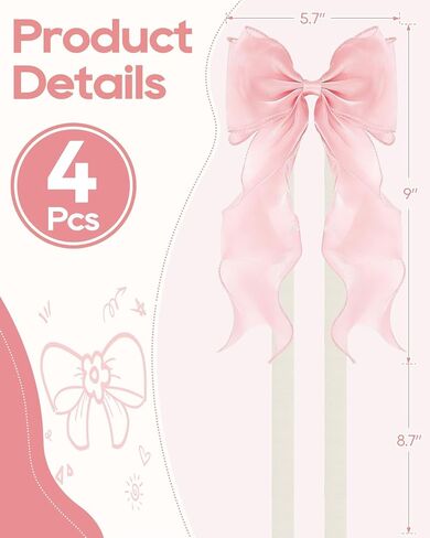 4 Pack French Silky Bow Curtain Tiebacks, Pink Bow Curtain Tiebacks, Drapery Tiebacks for Windows, Girls Room Bedroom Decor, Wedding & Party Home Accessories in Saudi Arabia
