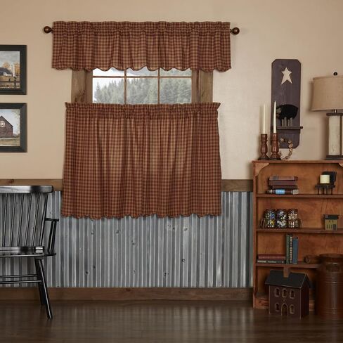 مجموعة ستائر VHC Brands Burgundy Check مكونة من 3 قطع (1 ستارة قصيرة 16x72 و2 طبقة 36x36) in Kuwait