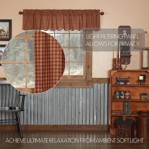 مجموعة ستائر VHC Brands Burgundy Check مكونة من 3 قطع (1 ستارة قصيرة 16x72 و2 طبقة 36x36) in Kuwait