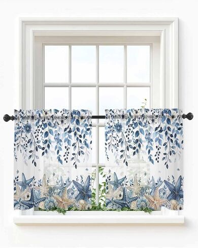 Blue Coastal Botanical Sheer Kitchen Tier Curtains 24 inch length, Budding Eucalyptus Leaves Starfish Kitchen Sink Window Curtains, Nautical Marine Life Rod Pocket Short Half Drapes 27.5"x24" 2 Panels in Kuwait