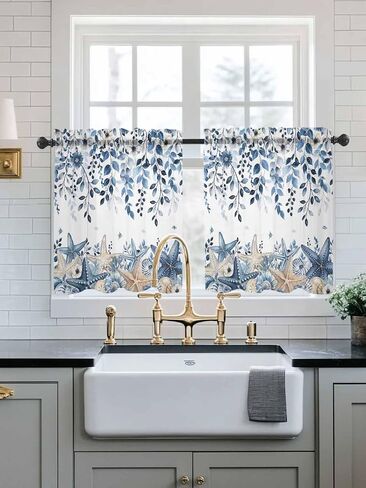 Blue Coastal Botanical Sheer Kitchen Tier Curtains 24 inch length, Budding Eucalyptus Leaves Starfish Kitchen Sink Window Curtains, Nautical Marine Life Rod Pocket Short Half Drapes 27.5"x24" 2 Panels in Kuwait