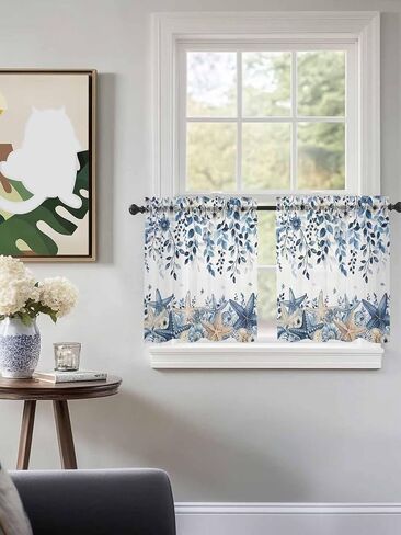 Blue Coastal Botanical Sheer Kitchen Tier Curtains 24 inch length, Budding Eucalyptus Leaves Starfish Kitchen Sink Window Curtains, Nautical Marine Life Rod Pocket Short Half Drapes 27.5"x24" 2 Panels in Kuwait