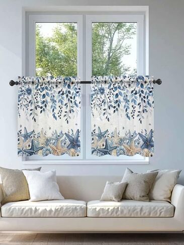 Blue Coastal Botanical Sheer Kitchen Tier Curtains 24 inch length, Budding Eucalyptus Leaves Starfish Kitchen Sink Window Curtains, Nautical Marine Life Rod Pocket Short Half Drapes 27.5"x24" 2 Panels in Kuwait