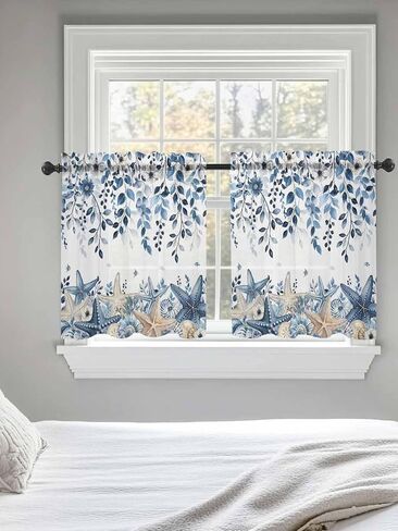 Blue Coastal Botanical Sheer Kitchen Tier Curtains 24 inch length, Budding Eucalyptus Leaves Starfish Kitchen Sink Window Curtains, Nautical Marine Life Rod Pocket Short Half Drapes 27.5"x24" 2 Panels in Kuwait