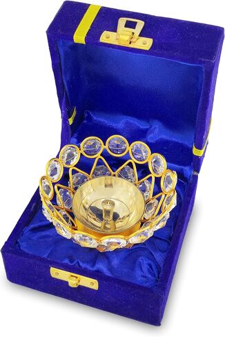 Gold Crystal Diya with Blue Velvet Gift Box Home Decoration Chrystal Piyali Dia Pooja Items Puja Gifts Handmade Oil Lamp Traditional Indian Dhanteras Deepawali Diwali Gift Items in Saudi Arabia