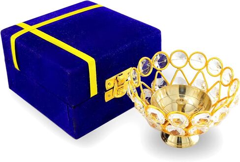 Gold Crystal Diya with Blue Velvet Gift Box Home Decoration Chrystal Piyali Dia Pooja Items Puja Gifts Handmade Oil Lamp Traditional Indian Dhanteras Deepawali Diwali Gift Items in Saudi Arabia