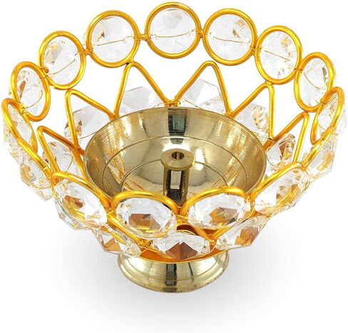 Gold Crystal Diya with Blue Velvet Gift Box Home Decoration Chrystal Piyali Dia Pooja Items Puja Gifts Handmade Oil Lamp Traditional Indian Dhanteras Deepawali Diwali Gift Items in Saudi Arabia