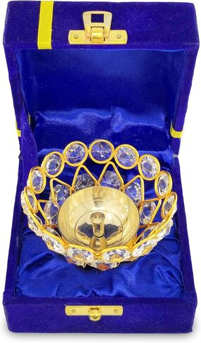 Gold Crystal Diya with Blue Velvet Gift Box Home Decoration Chrystal Piyali Dia Pooja Items Puja Gifts Handmade Oil Lamp Traditional Indian Dhanteras Deepawali Diwali Gift Items in Saudi Arabia