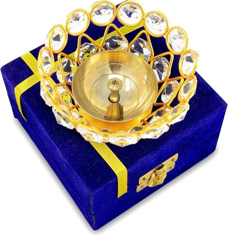 Gold Crystal Diya with Blue Velvet Gift Box Home Decoration Chrystal Piyali Dia Pooja Items Puja Gifts Handmade Oil Lamp Traditional Indian Dhanteras Deepawali Diwali Gift Items in Saudi Arabia