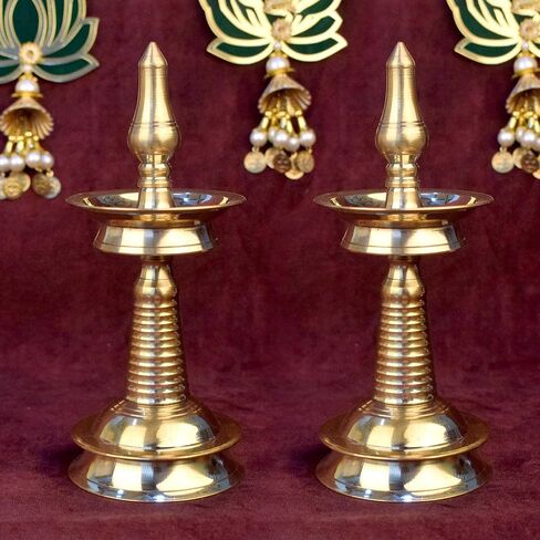 SATVIK Set of 2 - (7-7.5 INCH) - Brass Kerala Diya Lamp – Pooja Diya, Housewarming Gift, Diwali Deepawali Inauguration, Temple Mandir Decoration, Indian Gift in Kuwait