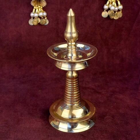 SATVIK Set of 2 - (7-7.5 INCH) - Brass Kerala Diya Lamp – Pooja Diya, Housewarming Gift, Diwali Deepawali Inauguration, Temple Mandir Decoration, Indian Gift in Kuwait