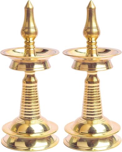 SATVIK Set of 2 - (7-7.5 INCH) - Brass Kerala Diya Lamp – Pooja Diya, Housewarming Gift, Diwali Deepawali Inauguration, Temple Mandir Decoration, Indian Gift in Kuwait