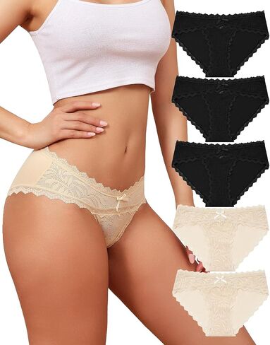 Womens Underwear Cotton Cheeky Bikini Panties Sexy Lace Briefs Soft Stretch Hipster for Ladies 5 Pack in Saudi Arabia