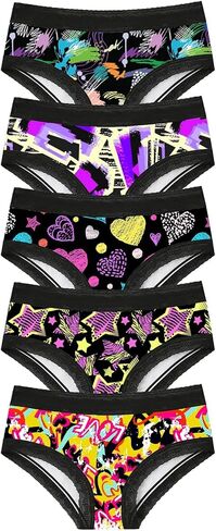 Morvia Women's 5 Pack Colorful Graphic Print Hipster Bikini Stretchy Contrast Lace Trims Graffiti Patterned Briefs in Saudi Arabia