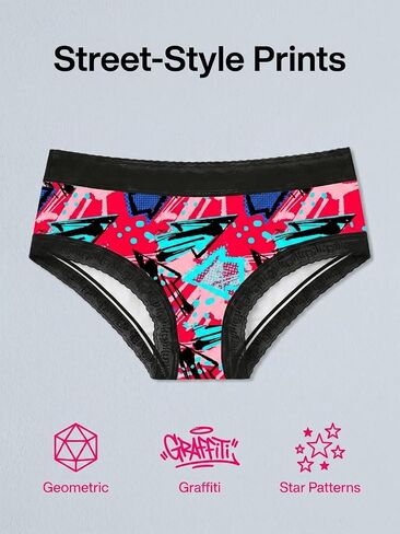 Morvia Women's 5 Pack Colorful Graphic Print Hipster Bikini Stretchy Contrast Lace Trims Graffiti Patterned Briefs in Saudi Arabia