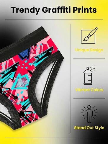 Morvia Women's 5 Pack Colorful Graphic Print Hipster Bikini Stretchy Contrast Lace Trims Graffiti Patterned Briefs in Saudi Arabia