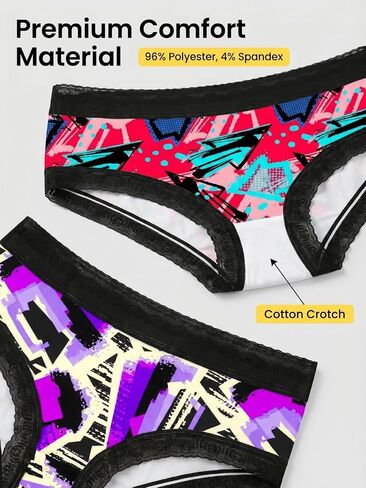 Morvia Women's 5 Pack Colorful Graphic Print Hipster Bikini Stretchy Contrast Lace Trims Graffiti Patterned Briefs in Saudi Arabia