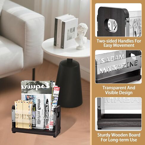Rustic Wood Magazine Holder, Decorative Magazine Rack Floor, File Folder Organizer for Desk, Book Display Stand for Letters, Mails, Magazines, Books, Newspapers (Black) in Saudi Arabia