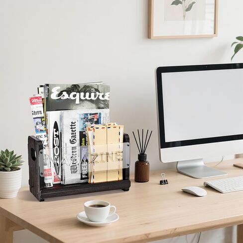 Rustic Wood Magazine Holder, Decorative Magazine Rack Floor, File Folder Organizer for Desk, Book Display Stand for Letters, Mails, Magazines, Books, Newspapers (Black) in Saudi Arabia