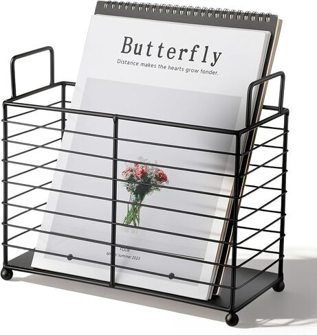 Metal Magazine Holder Rack, Black Iron Wire Storage Basket with Handles for Books, Newspapers, Tablets, Files, Mail Organizer for Home Office Living Room Bedroom in Saudi Arabia
