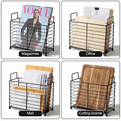 Metal Magazine Holder Rack, Black Iron Wire Storage Basket with Handles for Books, Newspapers, Tablets, Files, Mail Organizer for Home Office Living Room Bedroom in Saudi Arabia