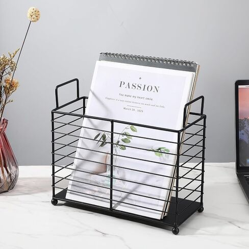Metal Magazine Holder Rack, Black Iron Wire Storage Basket with Handles for Books, Newspapers, Tablets, Files, Mail Organizer for Home Office Living Room Bedroom in Saudi Arabia