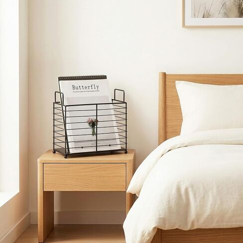 Metal Magazine Holder Rack, Black Iron Wire Storage Basket with Handles for Books, Newspapers, Tablets, Files, Mail Organizer for Home Office Living Room Bedroom in Saudi Arabia