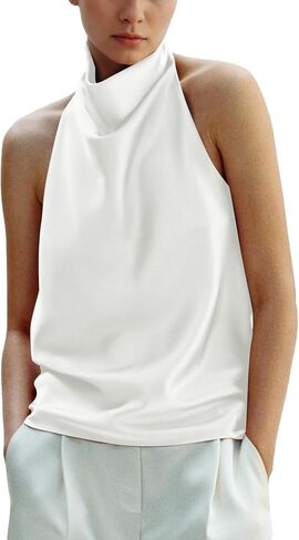 Women's Silk Satin Tank Tops Halter Draped Front Sexy Backless Womens Summer Tops Elegant Camisole Tops in Saudi Arabia