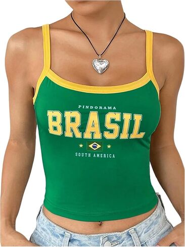 OYOANGLE Women's Vintage Graphic Brazil Shirt Y2k Tank Top Crop Going Out Tops Streetwear in Kuwait