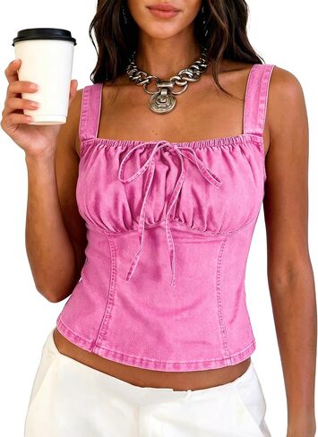 Denim Corset Tops for Women Jean Vest Smocked Back Front Bow Square Neck Tank Crop Top Country Concert Outfits in Saudi Arabia