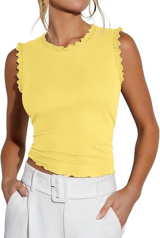 LEEDYA Women Summer Tank Tops Sleeveless Crew Neck Ruffle Shirts Ribbed Knit Slim Fitted Tee Business Casual Outfits in Kuwait