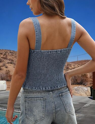Denim Corset Tops for Women Jean Vest Smocked Back Front Bow Square Neck Tank Crop Top Country Concert Outfits in Saudi Arabia