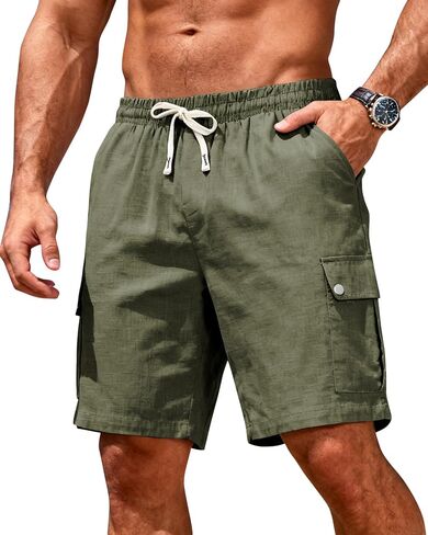 Men's Cotton Linen Cargo Shorts - Elastic Waist with Drawstring, 6 Pockets, Summer Beach Vacation, Casual Lounge in Saudi Arabia