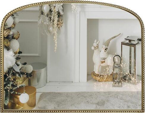 Antique Gold Arched Wall Mirror - 36"x28" with Metal Beaded Frame | Decorative Accent Mirror for Fireplace, Bedroom, Living Room, Dresser, Mantle in Kuwait