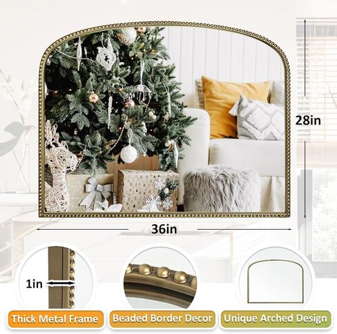 Antique Gold Arched Wall Mirror - 36"x28" with Metal Beaded Frame | Decorative Accent Mirror for Fireplace, Bedroom, Living Room, Dresser, Mantle in Kuwait
