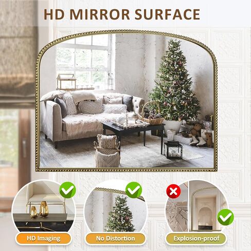 Antique Gold Arched Wall Mirror - 36"x28" with Metal Beaded Frame | Decorative Accent Mirror for Fireplace, Bedroom, Living Room, Dresser, Mantle in Kuwait
