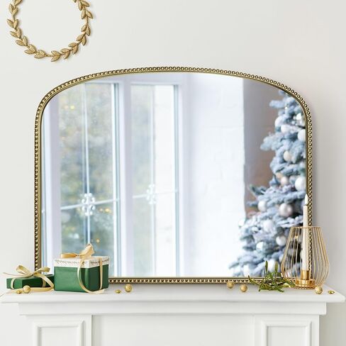 Antique Gold Arched Wall Mirror - 36"x28" with Metal Beaded Frame | Decorative Accent Mirror for Fireplace, Bedroom, Living Room, Dresser, Mantle in Kuwait